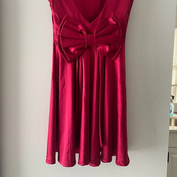 NWOT Dark Red Satin Christmas Mini Dress w Bow - Picture 7 of 14